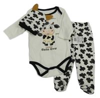 Nové - 3set - Bielo-čierne body s kravičkou + čepice + polodupky
