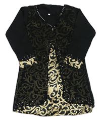 Čierno-béžové vzorované saténovo/šifonové šaty s kamienkami