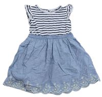 Modro-bílo-tmavomodré melírované pruhované šaty s madeirou a volánky GAP