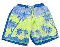 Modro-bílo-neonově žluté plážové kraťasy s palmami MARINOS