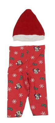 2Set - Červeno-bílá sametová vánoční čepice TEX + červené legíny s Minnie a vločkami PRIMARK