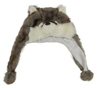 Šedo-hnědá kožešinová čepice s bambulemi - vlk