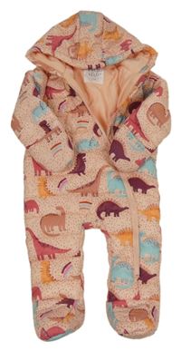 Broskvová bodkovaná á prešívaná šušťáková zimná kombinéza s dinosaurami a kapucňou F&F