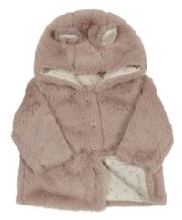 Pudrový kožušinový podšitý kabát s kapucňou s uškami Next