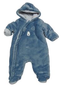 Modrá plyšová zateplená kombinéza s medvídkem a kapucí Mothercare