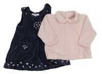 2Set - Tmavomodré sametovo/manšestrové šaty s kytičkami H&M + světlerůžová sametová mikina s límečkem 