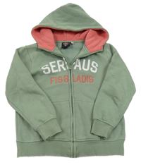 Khaki propínací mikina s nápisy a kapucí 