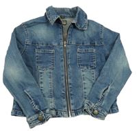 Modrá šisovaná tepláková rifľová crop bunda s golierikom