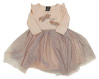 Světlebroskvové šaty s vážkami a kamínky a starofialovým tylem s puntíky a volánky zunie