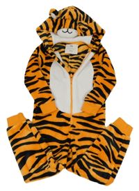 Oranžovo-černá vzorovaná plyšová kombinéza s kapucí - tygr F&F