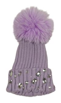 Lila žebrovaná pletená čepice s kamínky a bambulí Primark