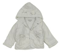 Bílá sametová lehce zateplená propínací mikina s medvědem a kapucí 