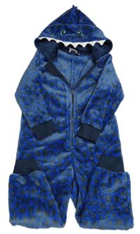 Modro-sivá vzorovaná plyšová kombinéza s kapucí - dino