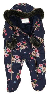 Tmavomodrá šusťáková zimní kombinéza s květy a kapucí a rukavicemi Mothercare