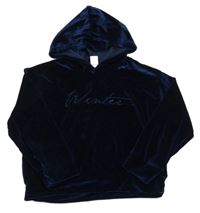 Tmavomodrá zamatová crop mikina s nápisom a kapucňou Shein