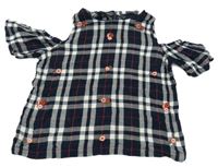 Tmavomodro-bílá kostkovaná halenka s volnými rameny a květy New Look