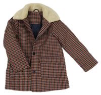 Béžovo-tmavomodro-červený kostkovaný vlněný kabát s huňatým límcem 
