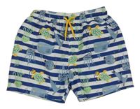 Modro-biele pruhované plážové kraťasy s podmořským světem