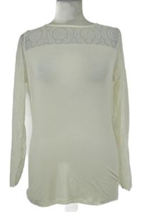 Dámske smotanové tričko s tylovymi vzorovanymi rukávy