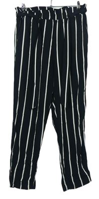 Dámske čierne prúžkované voľné é nohavice s opaskom H&M