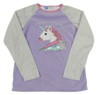 Fialovo-svetlosivé fleecové pyžamové tričko s jednorožcom