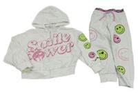 2set- bílá propínací crop mikina s nápisem+ tepláky se smajlíky 