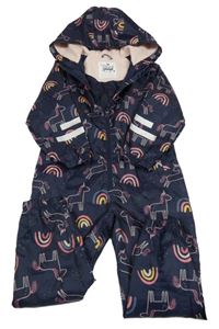 Tmavomodrá šusťáková jarní kombinéza s jednorožci, duhami a kapucí F&F