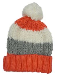 Korálovo-bílo-šedá čepice s bambulí