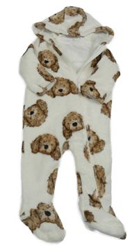 Bílá chlupatá podšitá kombinéza s pejsky a kapucí F&F