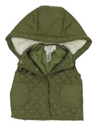 Khaki šusťáková zateplená vesta s kapucí 
