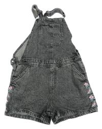 Tmavosivé rifľové na traké kraťasy s výšivkami květin Denim Co.