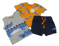 3set - Oranžové tričko + šedé tílko + tmavomodré kraťasy s krokodýly Liegelind 