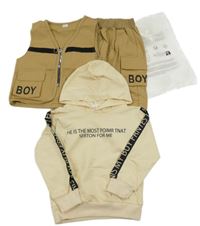 Nové - 3set - Smetanová mikina s nápisy a kapucí + béžová vesta + béžové plátěné kalhoty
