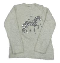 Biely chlpatý sveter s jednorožcem z flitrů Yigga