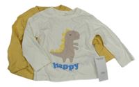 Nové - 2x - Žluté + bílé triko s dinosaurem M&S
