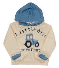 Broskvovo-modrá mikina s traktorom a kapucňou
