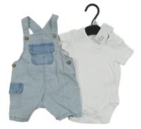 Nové - 2set - Modro-bílé pruhované plátěné laclové kraťasy + bílé body F&F