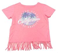 Korálové melírované tričko s palmami z flitrů a nápismi a strapcemi PRIMARK