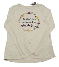 Nové - světlebéžové melírované triko s nápisy a květy PRIMARK