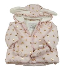 Svetloružová prešívaná šušťáková zimná bunda so zlatými srdiečkami a kapucňou s oušky + rukavice zn. George