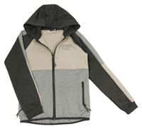 Sivo-světlebéžovo-tmavosivá melírovaná prepínaci športová mikina s nápismi a kapucňou PEP&CO