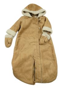 Hnědý semišový zateplený fusak/kombinéza s kapucí + palcové rukavice