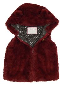 Vínová kožušinová podšitá vesta s kapucňou s uškami NUTMEG