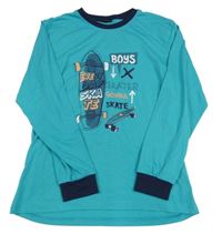 Jadeitovo-tmavomodré pyžamové tričko so skateboardom