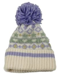 Smetanovo-olivovo-fialová vzorovaná čepice s bambulí Tu