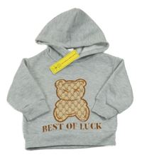 Nové - sivá melírovaná tepláková mikina s medvedíkom a nápisom a kapucňou SHEIN