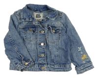 Modrá šisovaná tepláková riflová bunda s nápisem a květy a motýlkem a límečkem C&A