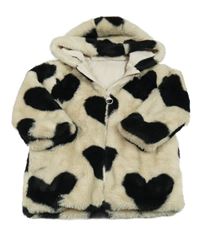 Smetanovo-čierny kožušinový podšitý kabát so srdiečkami a kapucňou St. Bernard