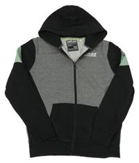 Šedo-černá melírovaná propínací mikina s nápisem a pruhy a kapucí C&A