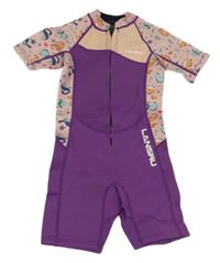 Fialovo-světlerůžový neopren s dinosaurami a lístečky LANSRU